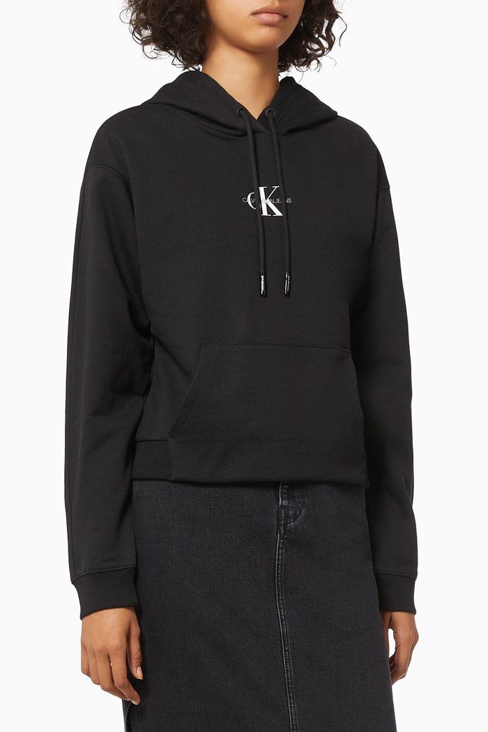 

Cropped Monogram Hoodie in Organic Cotton, Black