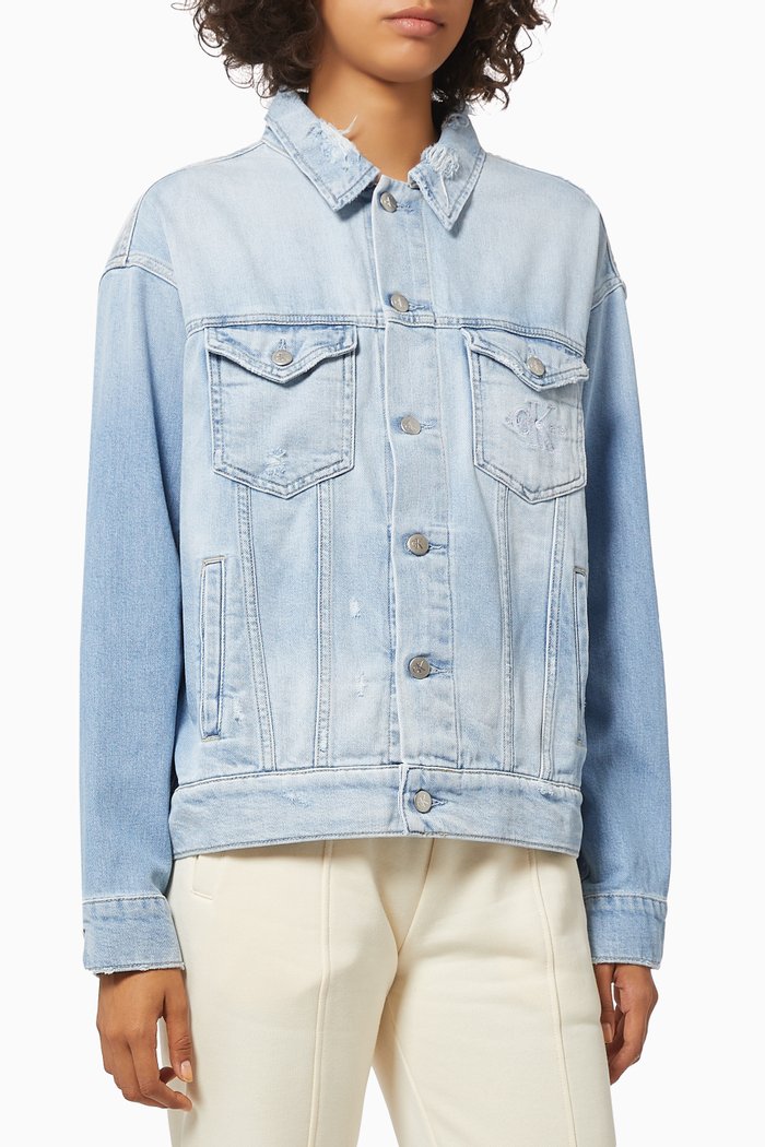 

Distressed Dad Denim Jacket in Stretch Cotton, Blue