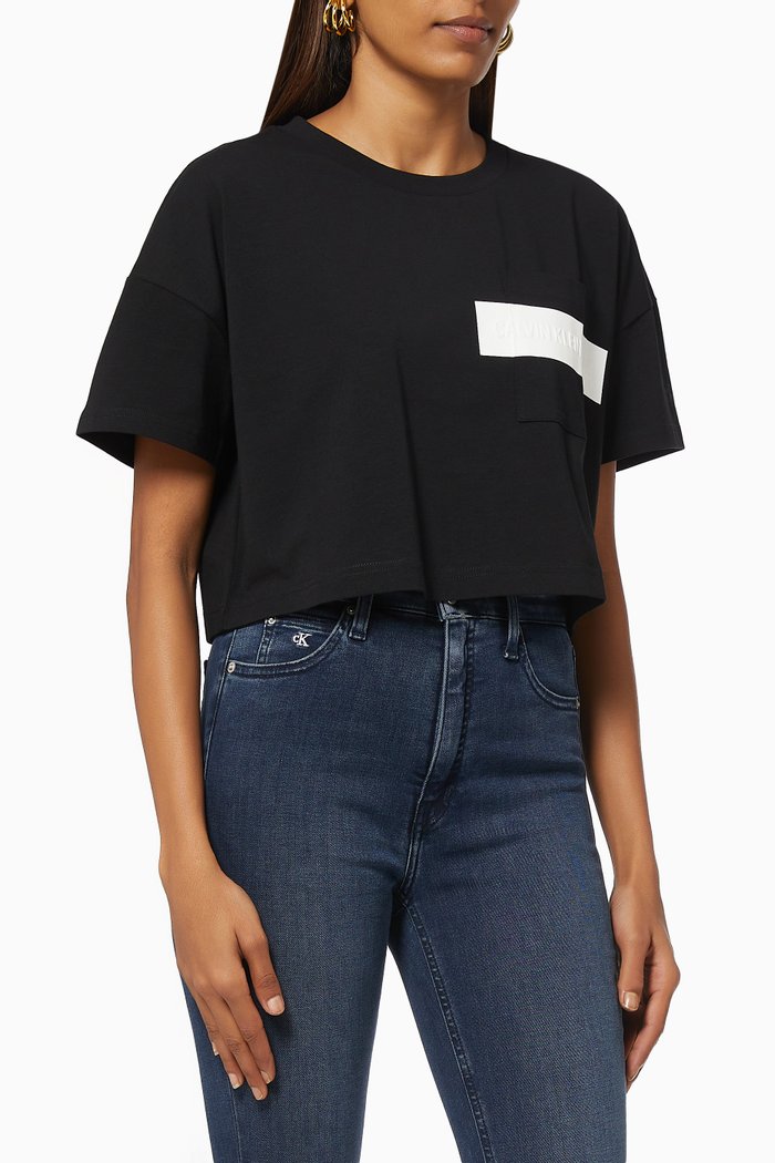 

Cropped Embossed Logo T-shirt in Cotton, Black
