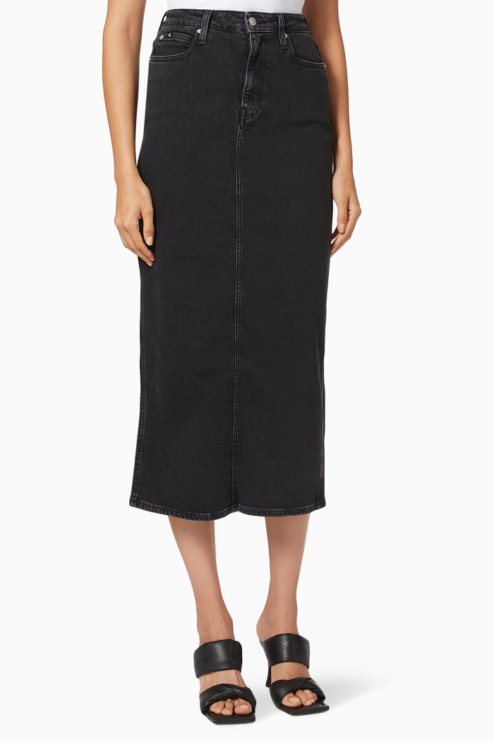 

Vintage Wash Midi Skirt in Denim, Black