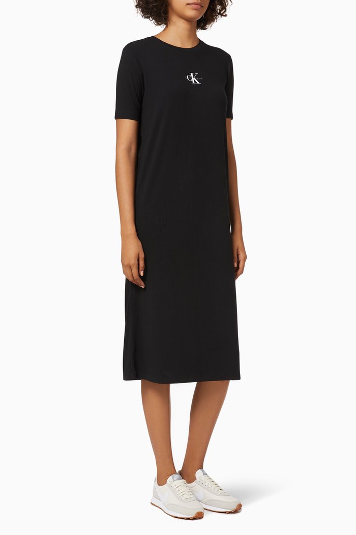 

Ribbed Maxi T-shirt Dress in Viscose Knit, Black