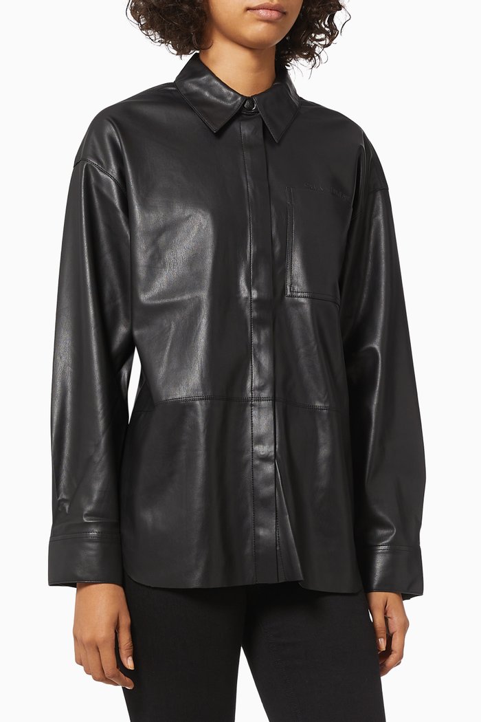 

Oversized Shirt Jacket in Recycled Faux Leather, Black