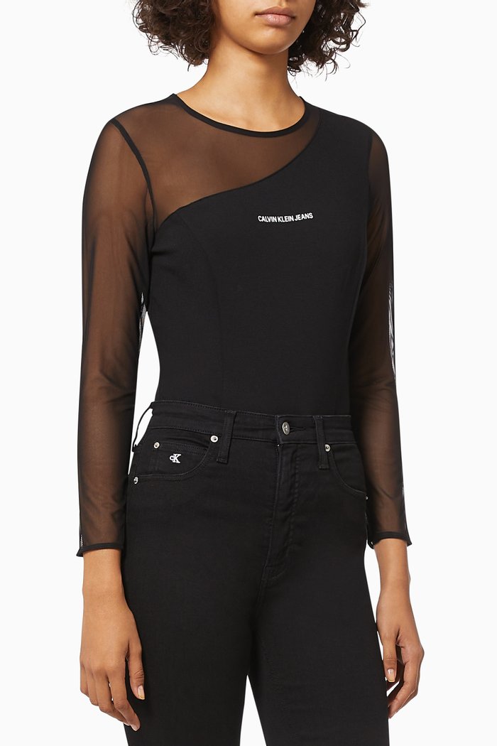 

Sheer Long Sleeve Bodysuit in Milano Jersey, Black