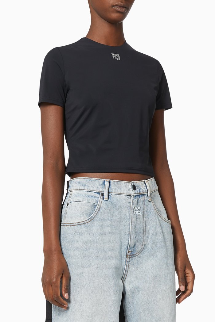 Crystal Logo Cropped T-shirt in Stretch Jersey, Black