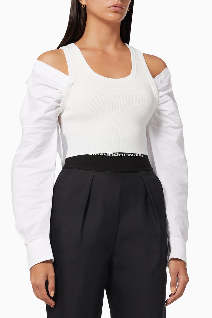 

Bi-layer Hybrid Top in Rib Knit & Oxford Cotton, White