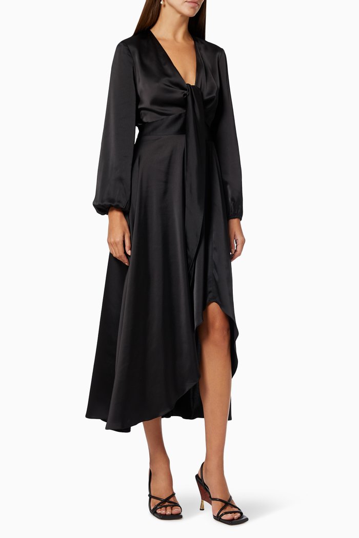 Cherish Tie Midi Dress in Satin, Black