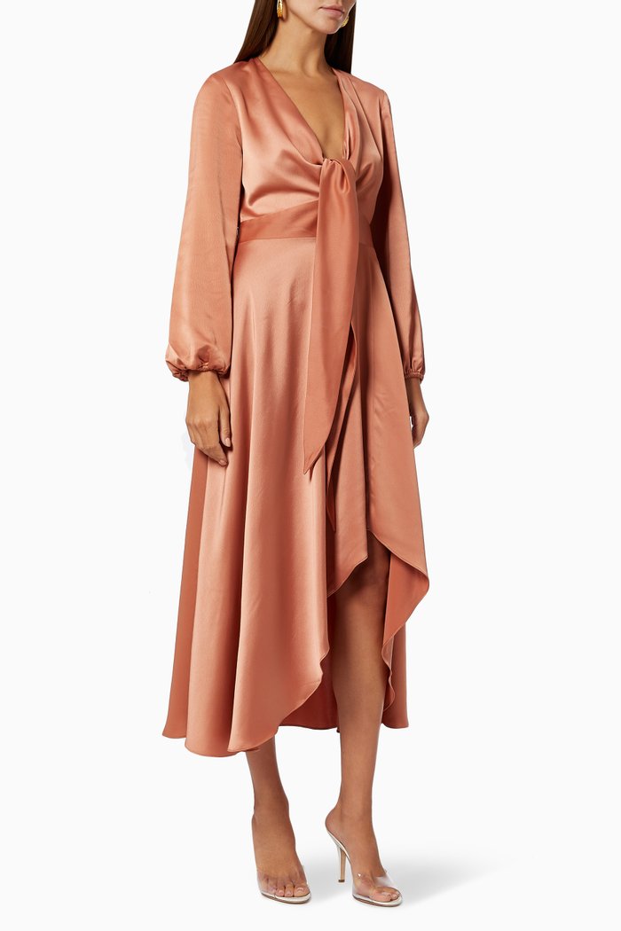 

Cherish Tie Midi Dress in Satin, Orange