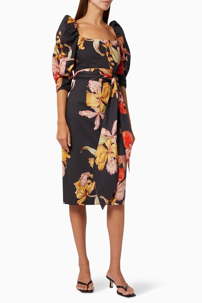 Calyx Fitted Midi Dress in Cotton, Multicolour