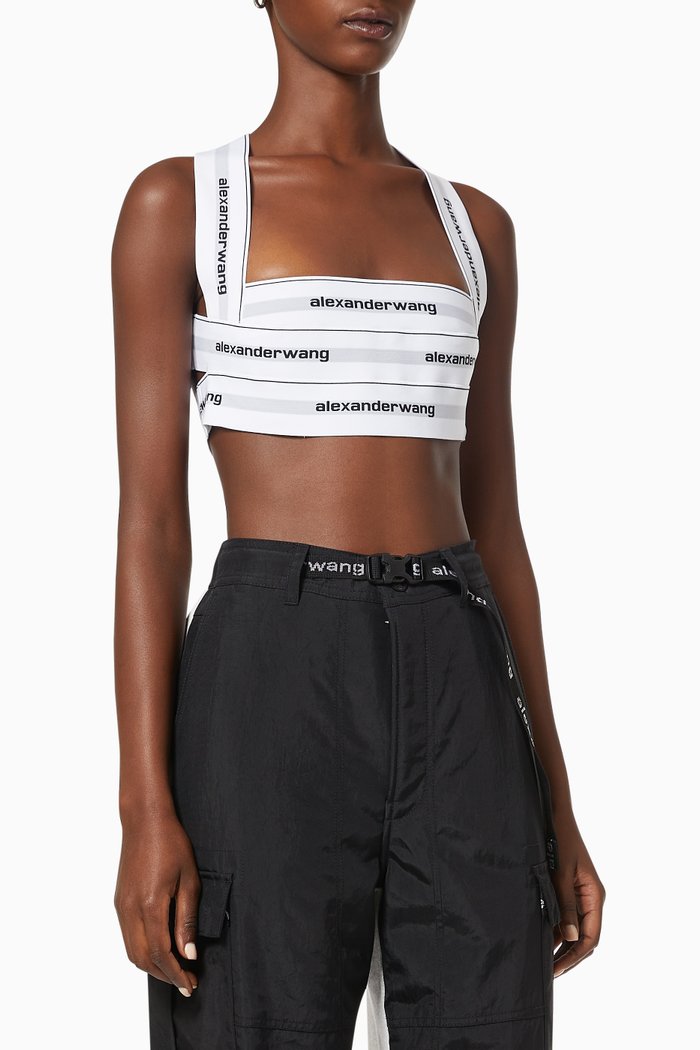 

Logo Tape Halter Crop Top in Elastic Fabric, White