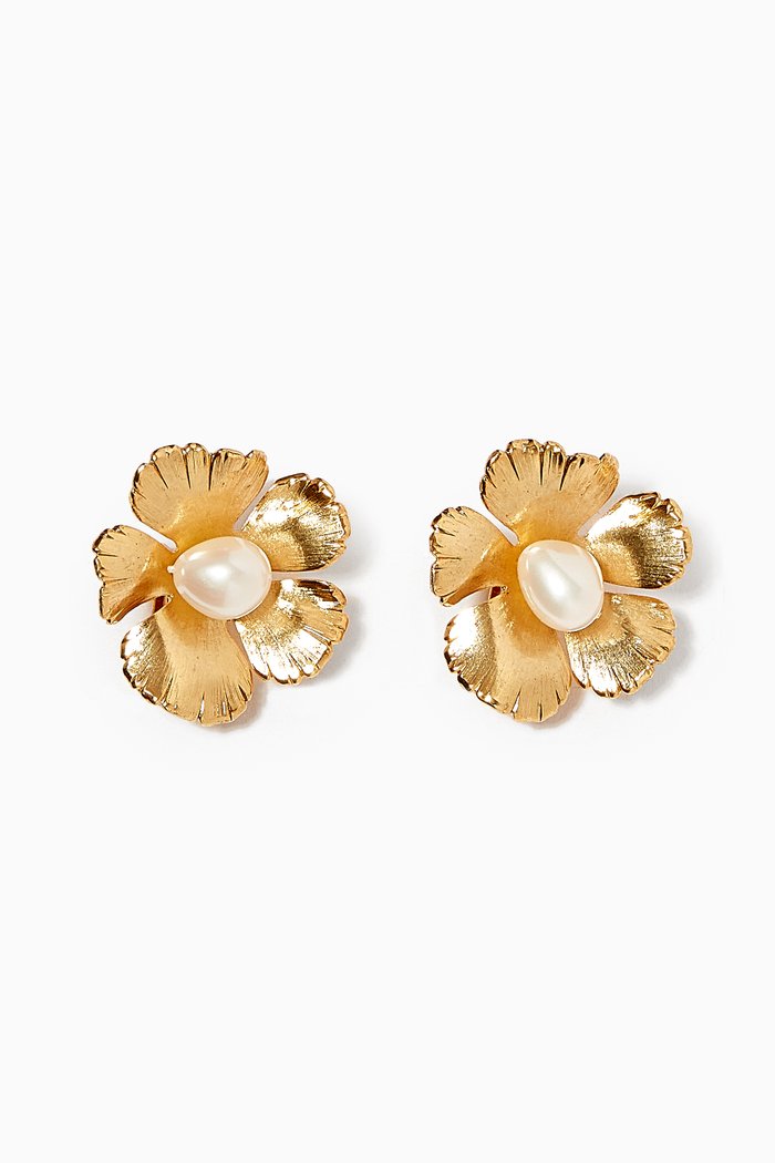 

Flower Pearl Clip Earrings, Gold