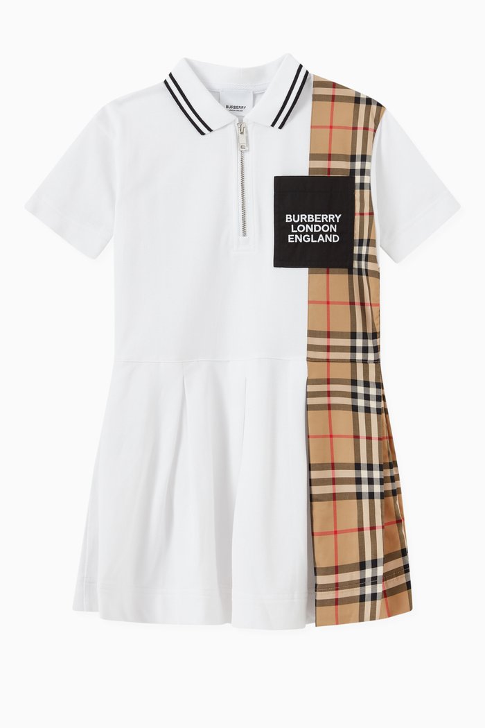 

Polo Shirt Dress with Vintage Check Panel in Cotton Piqué, White