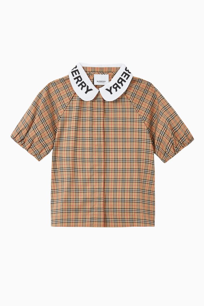 

Logo Print Check Blouse in Stretch Cotton, Neutral