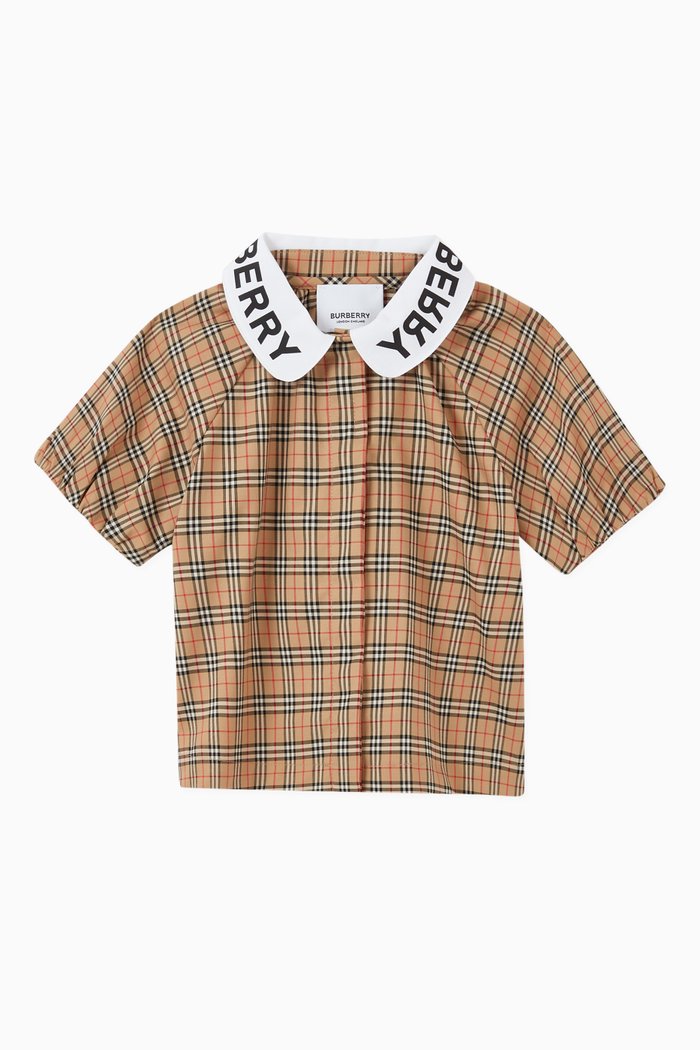 

Logo Print Check Blouse in Stretch Cotton, Neutral