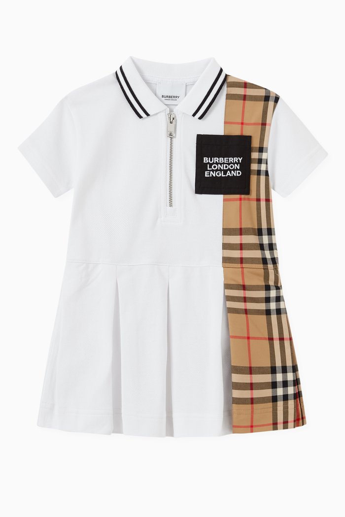 

Polo Dress with Vintage Check Panel in Cotton Piqué, White