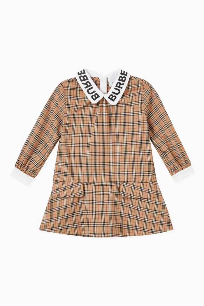 

Microcheck Dress with Logo Collar in Stretch Cotton, Neutral