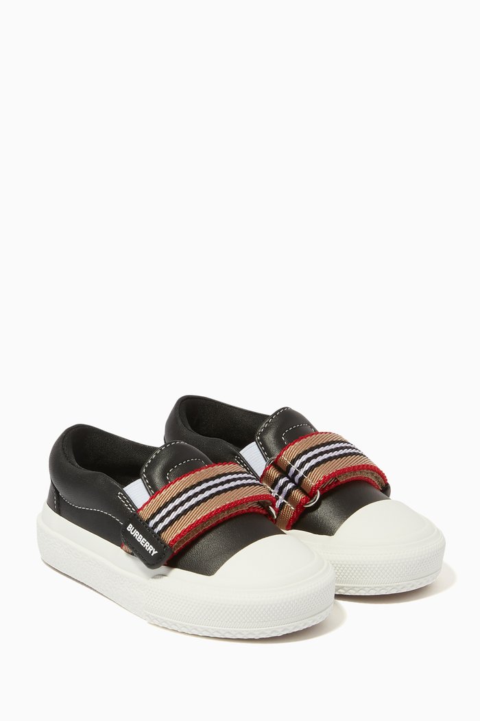 Icon Stripe Slip-on Sneakers in Topstitched Leather, Black