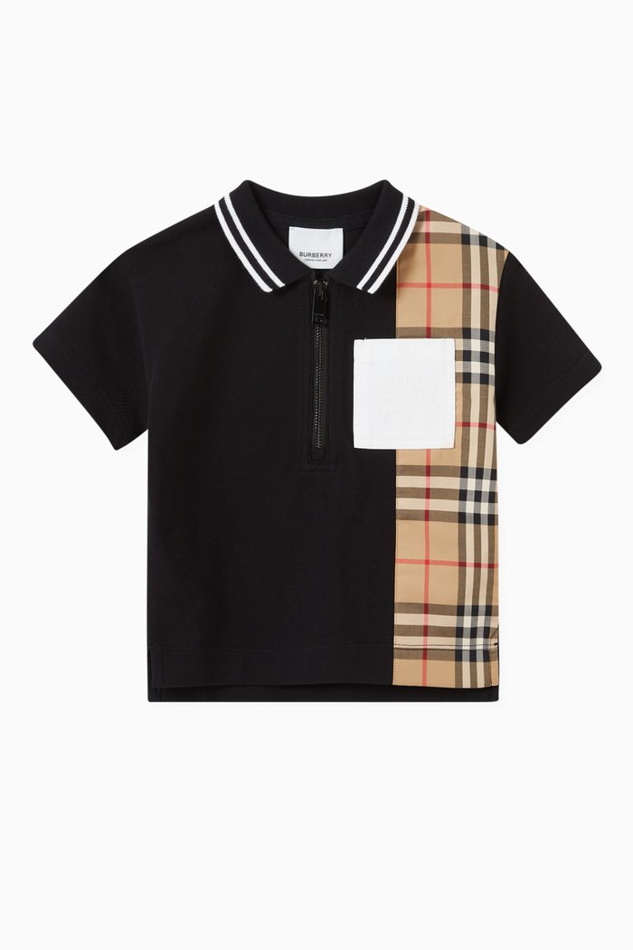 

Zip Polo with Vintage Check Panel in Cotton Piqué, Black