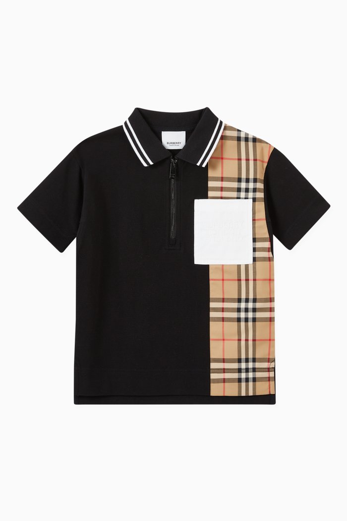 

Zip Polo with Vintage Check Panel in Cotton Piqué, Black