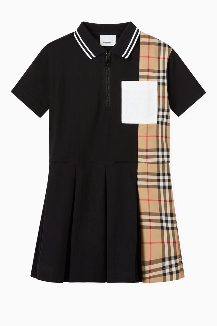 

Polo Dress with Vintage Check Panel in Cotton Piqué, Black