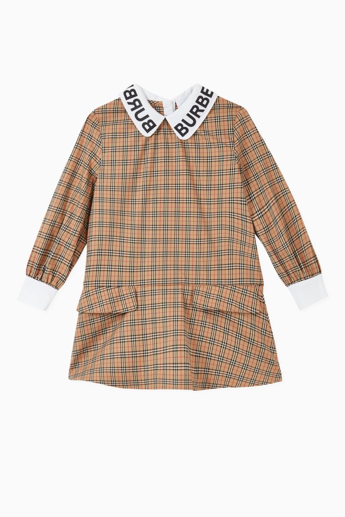 

Logo Print Collar Check Dress in Stretch Cotton, Neutral