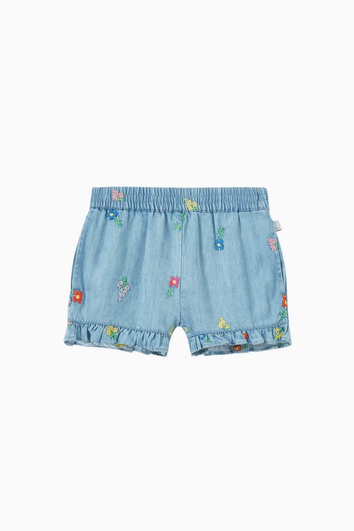 

Embroidered Flowers Denim Shorts, Blue