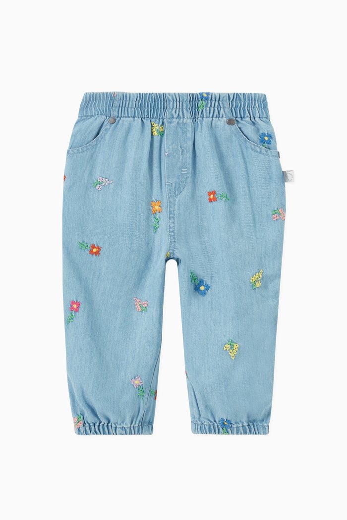 

Embroidered Flowers Denim Pants, Blue