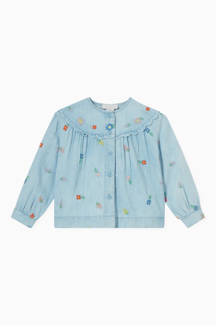 

Embroidered Flowers Denim Shirt, Blue