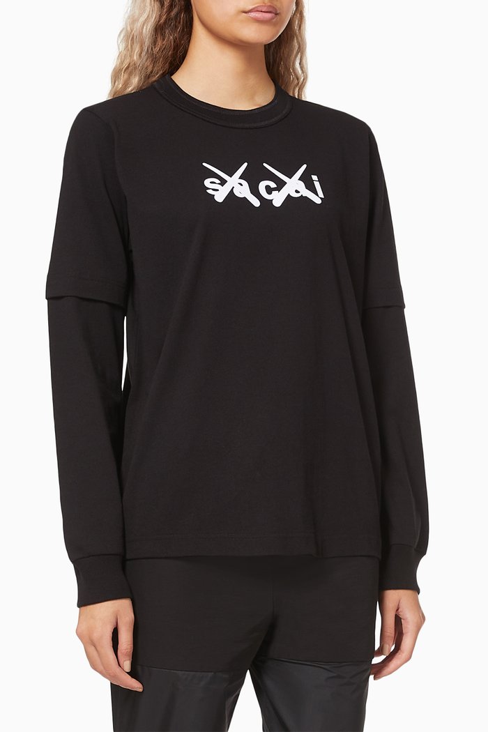 

x KAWS Flock Print Long Sleeve T-shirt in Cotton, Black