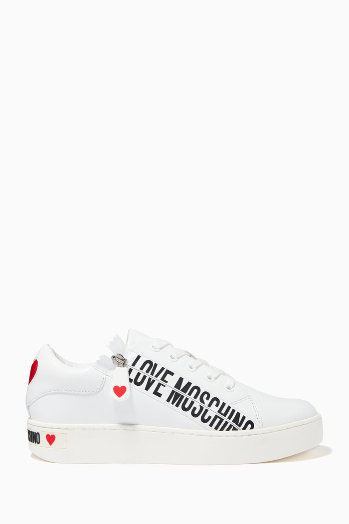 

Side Zip Logo Sneakers in Leather, White