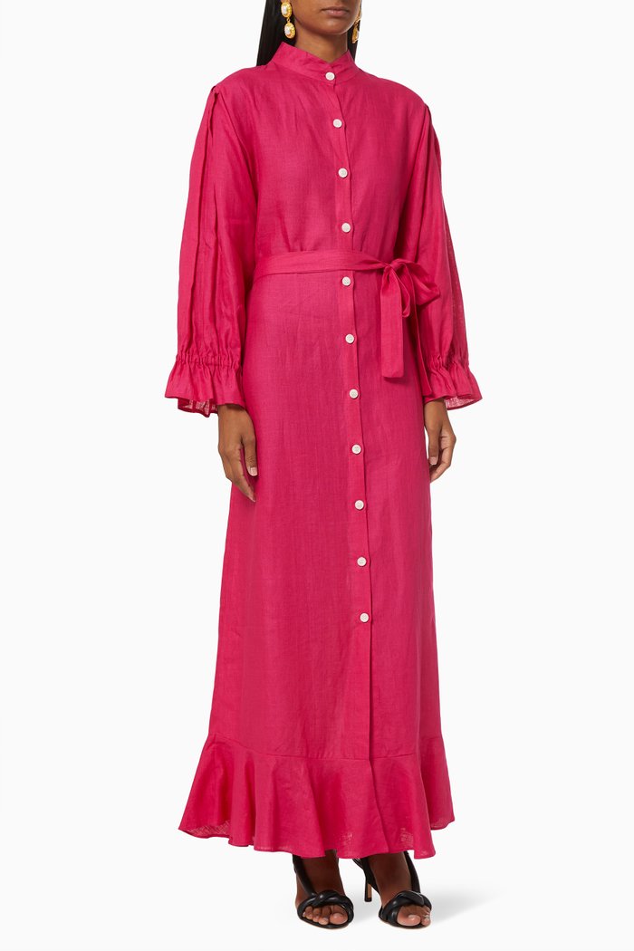 

Ruffle Belted Kaftan in Linen, Pink