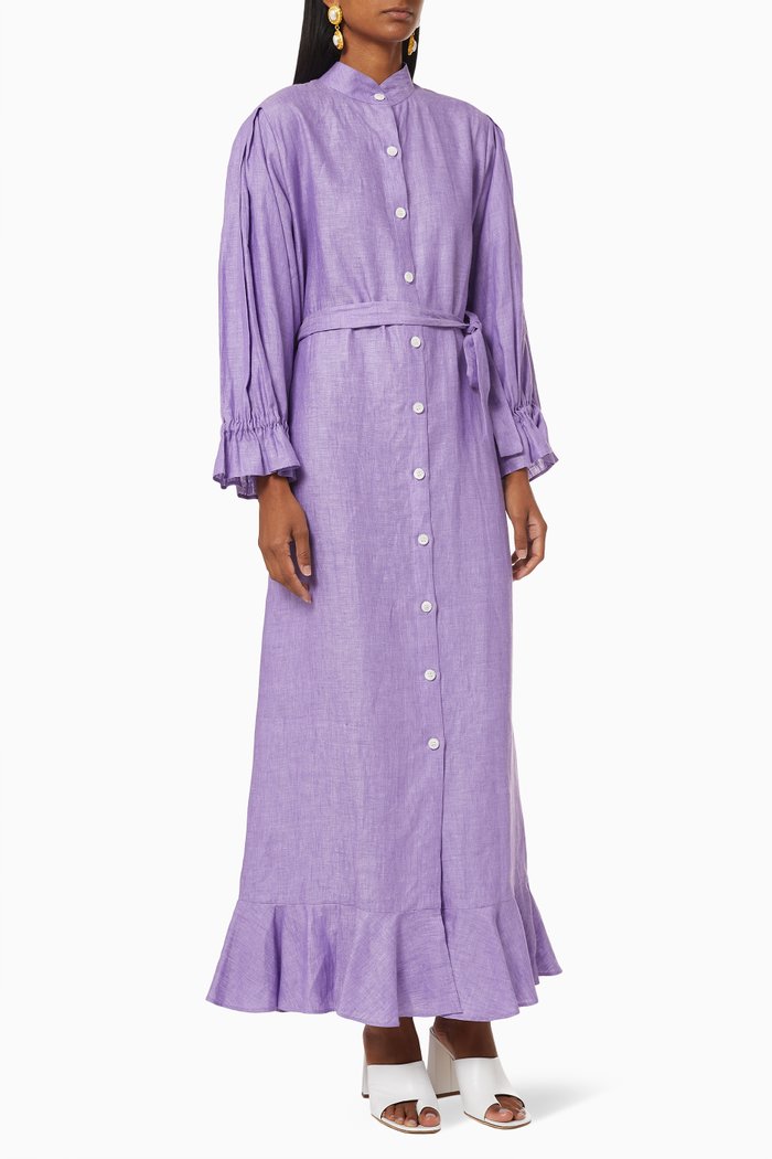 

Ruffle Belted Kaftan in Linen, Purple