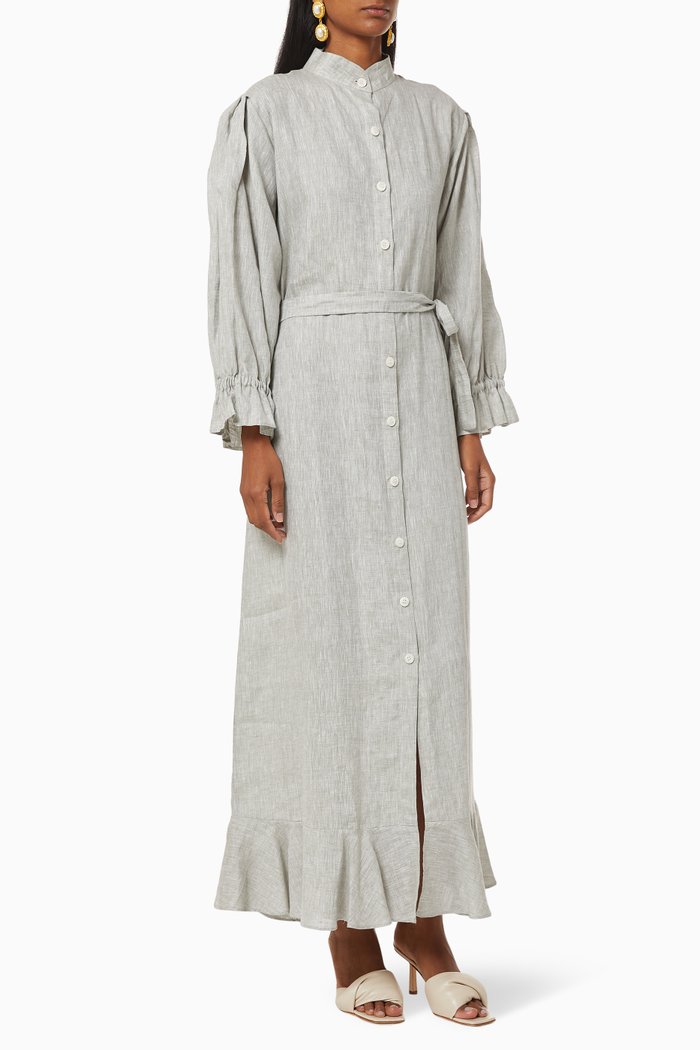 

Ruffle Belted Kaftan in Linen, Green