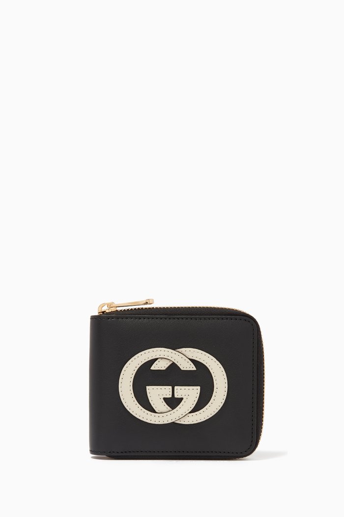 

Interlocking G Zip Around Wallet in Leather, Black