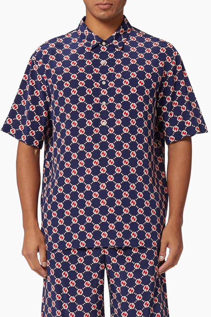 

GG Hexagon Bowling Shirt in Silk Crepe, Blue