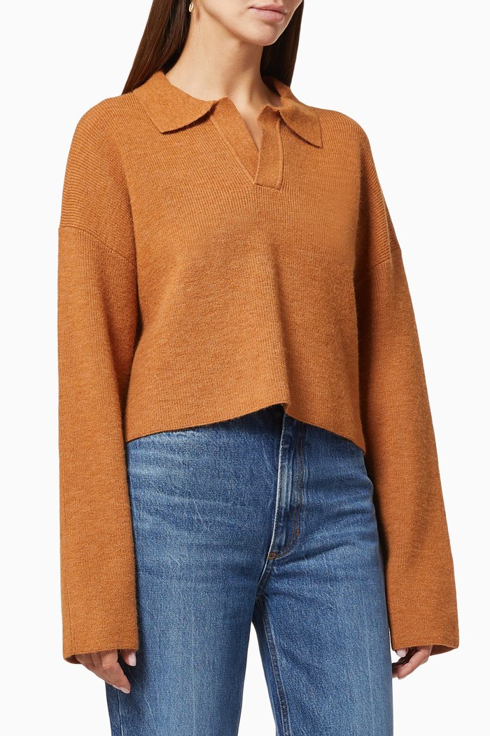 

Oversized Collar Shirt in Cotton Knit, Brown