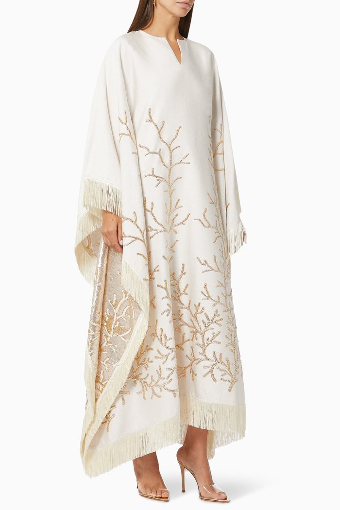 

Los Corales Fringed Kaftan, White