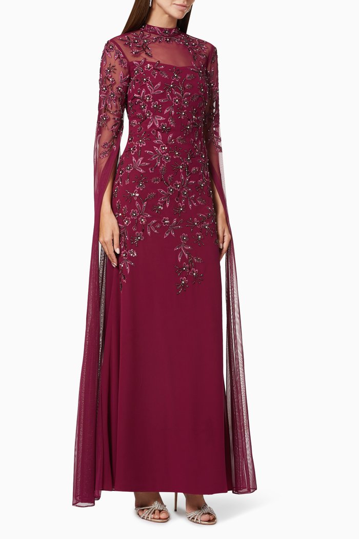 

Embellished Cape Dress in Tulle, Burgundy