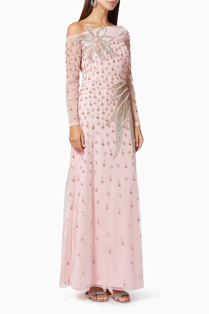 

One-shoulder Embellished Gown in Tulle, Pink