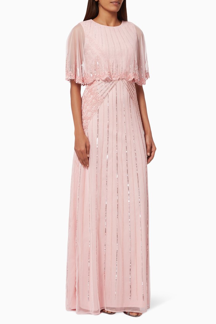 

Sequin Embellished Cape Dress in Mesh & Crepe, Pink