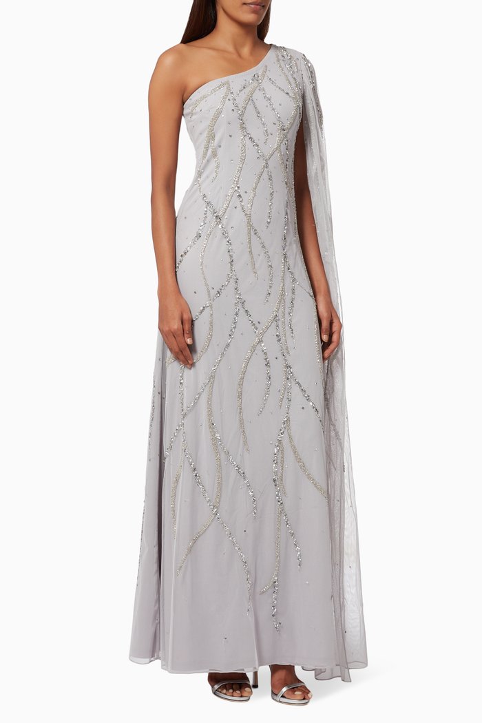 

One-shoulder Sequinned Gown in Mesh & Crepe, Grey