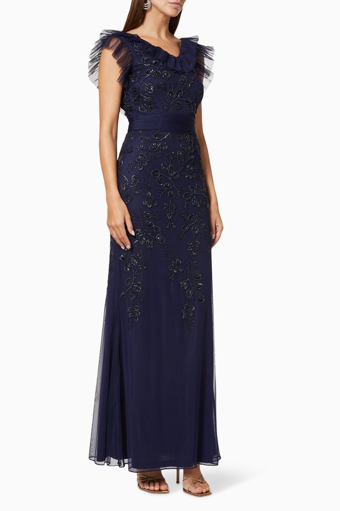 

Ruffled Sequin Embellished Gown in Tulle, Blue