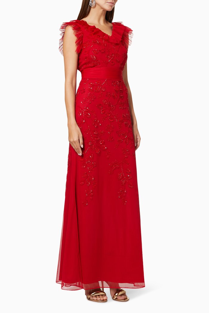 

Ruffled Sequin Embellished Gown in Tulle, Red
