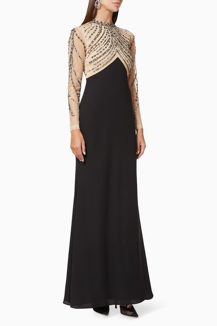 

Two-tone Embellished Gown in Mesh & Crepe, Multicolour