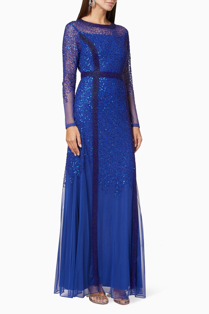 

Sequin Embellished Gown in Mesh, Blue