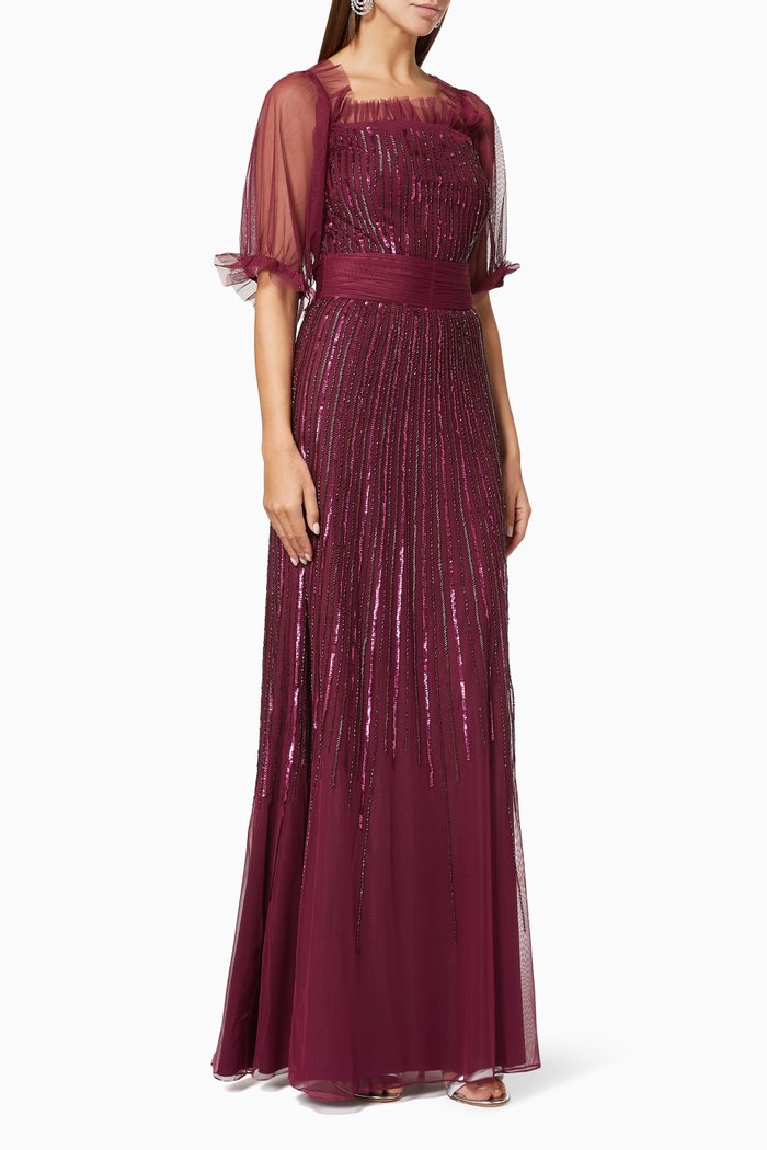 

Sequin Embellished Gown in Tulle, Burgundy