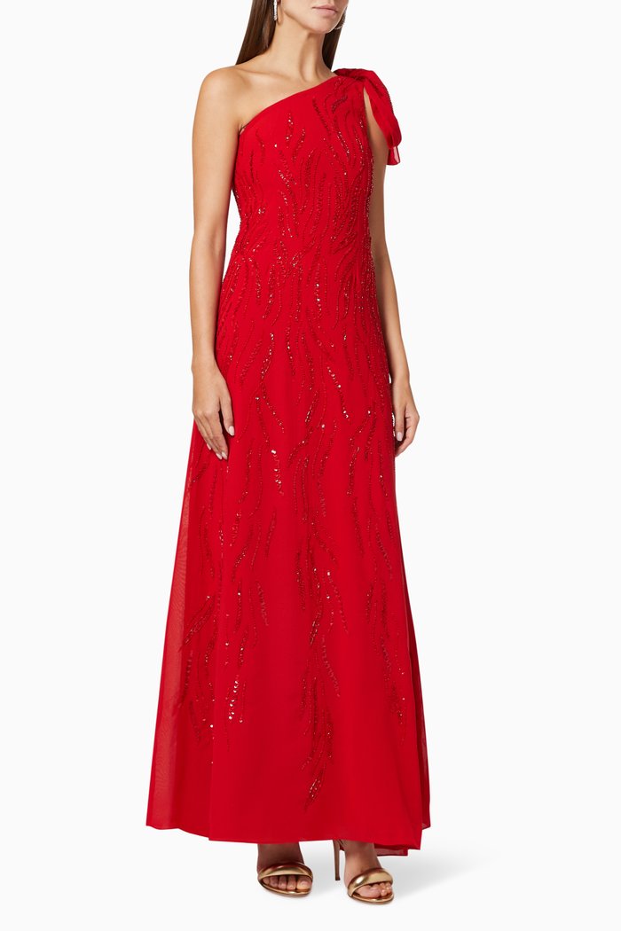 

One-shoulder Embellished Gown in Crepe, Red