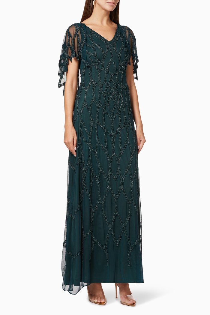 Embellished Cape Gown in Tulle, Green