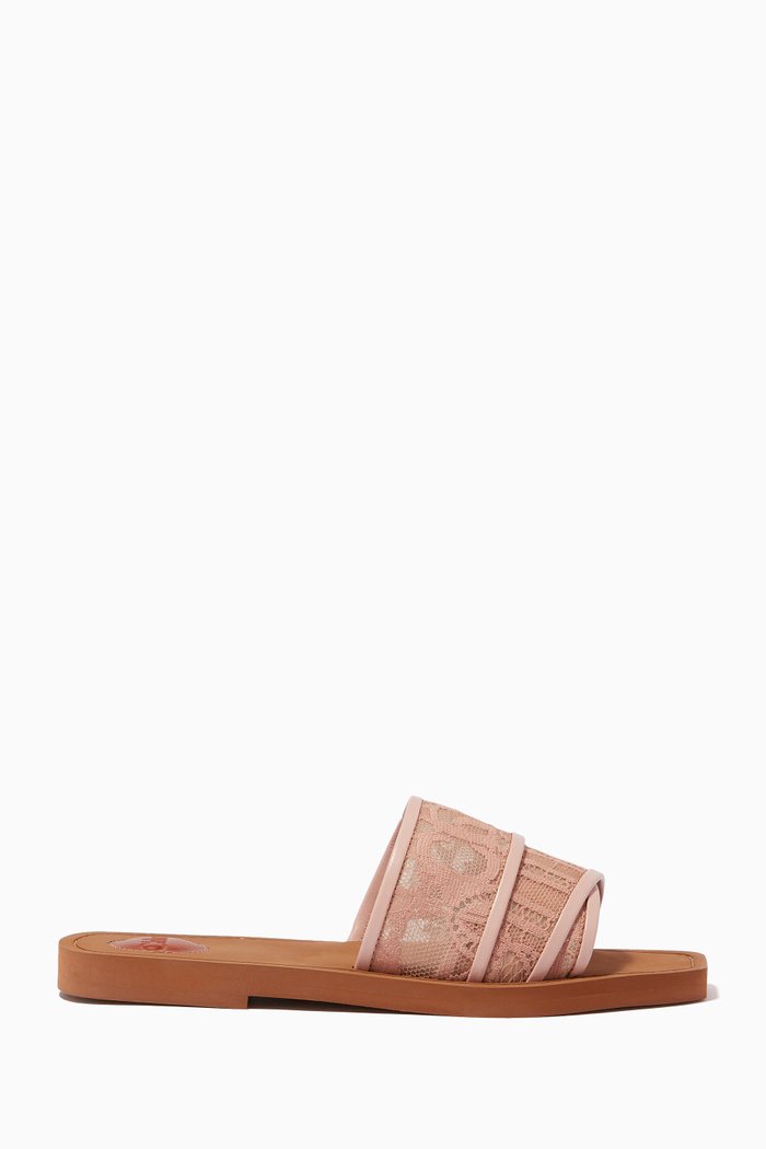 

Woody Flat Mule Sandals in Lace, Pink