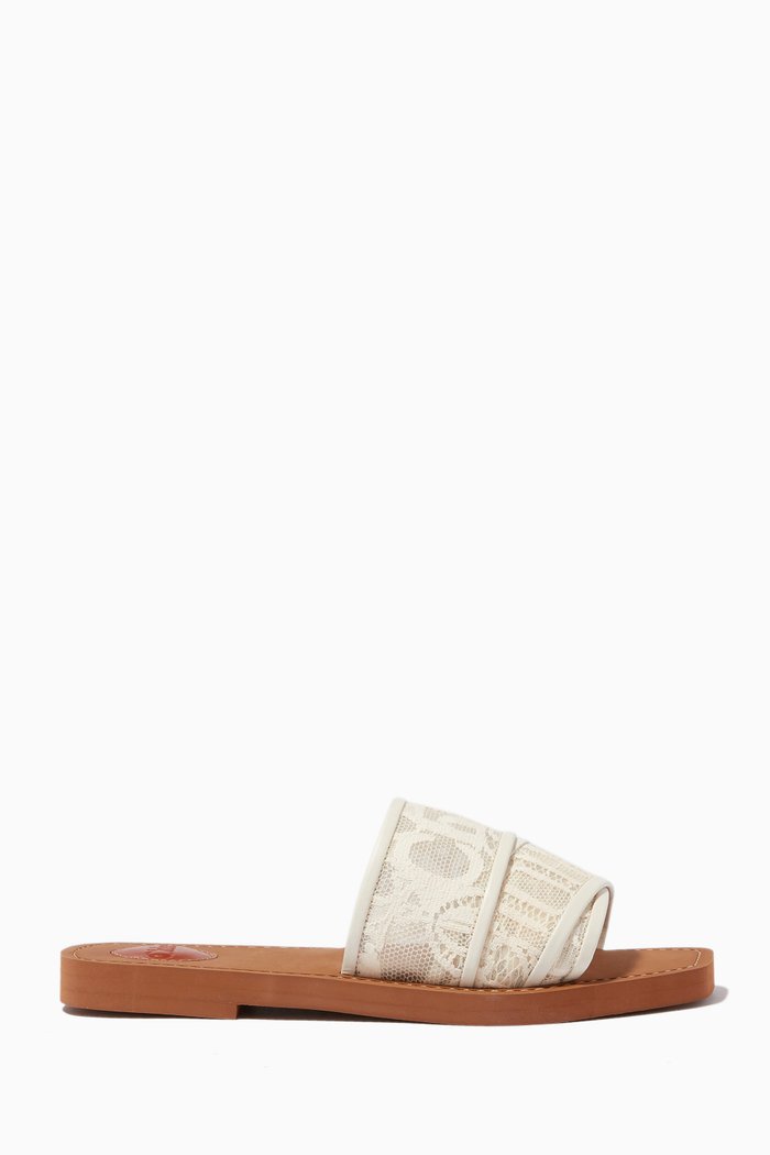 

Woody Flat Mule Sandals in Lace, White