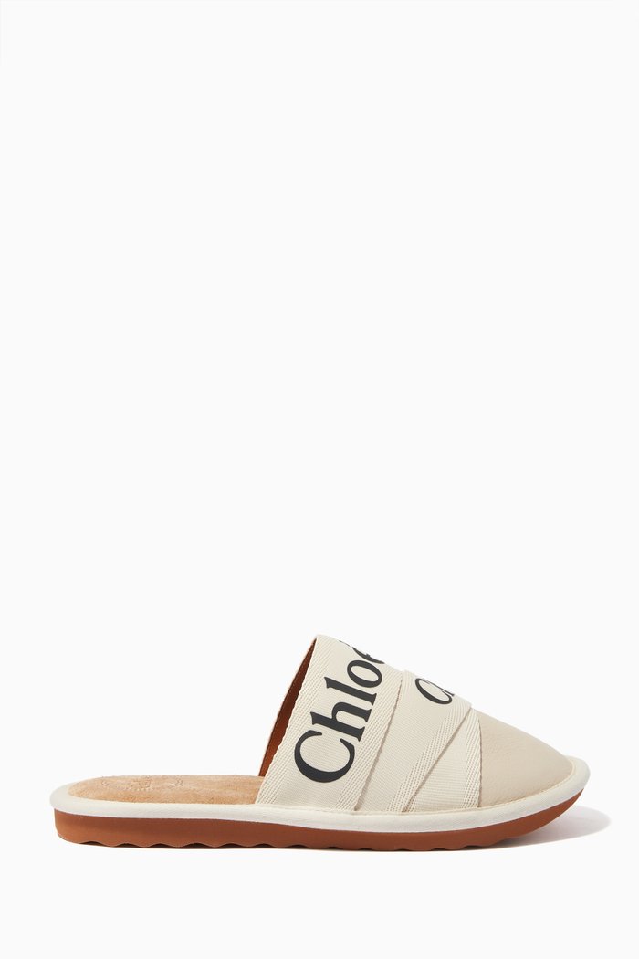 

Woody Slides in Leather & Canvas, White